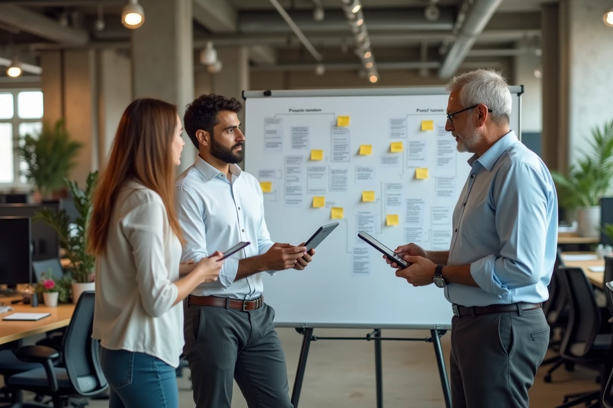Trois collaborateurs analysant un organigramme organisationnel sur un tableau blanc dans un bureau moderne