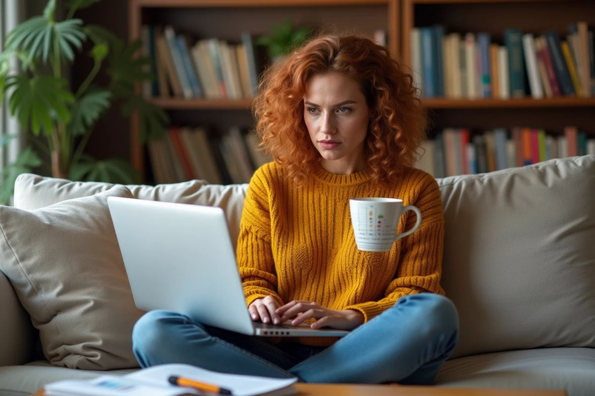 Femme analysant un graphique Pareto sur son ordinateur portable depuis son salon avec concentration