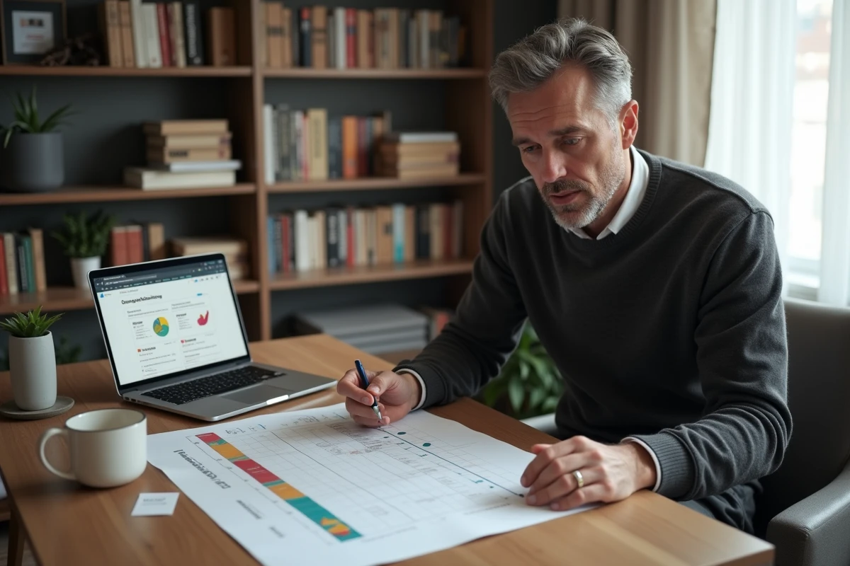 Professionnel du marketing digital analysant une matrice de positionnement concurrentiel à son bureau