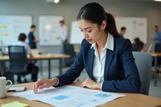 Femme analysant un schéma de base de données avec tables, requêtes et relations sur un bureau en bois dans un bureau moderne