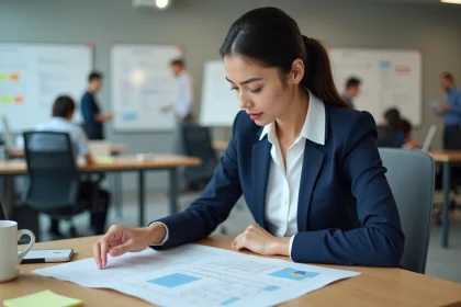Femme analysant un schéma de base de données avec tables, requêtes et relations sur un bureau en bois dans un bureau moderne