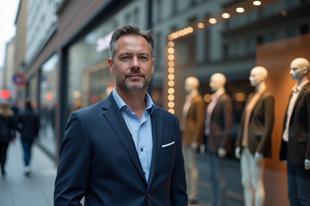Analyste retail masculin devant une vitrine Zalando dans une rue commerçante européenne animée