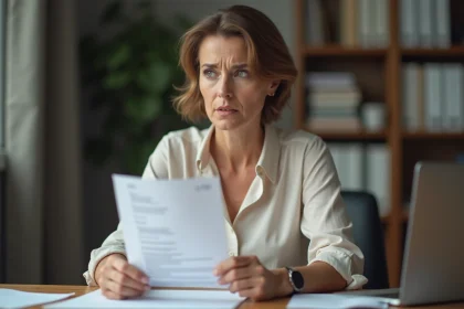 Femme au bureau tenant une lettre de démission et un arrêt maladie, illustrant le dilemme juridique entre préavis et congé maladie