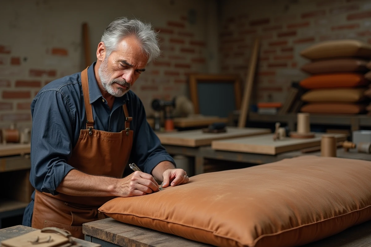 Artisan tapissier espagnol cousant à la main un coussin en cuir caramel dans un atelier traditionnel SOFFRAN Tapizados