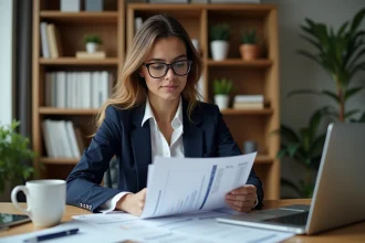 Auto-entrepreneur femme consultant des documents fiscaux dans un bureau à domicile moderne