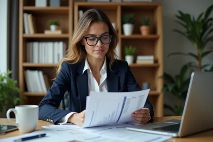 Auto-entrepreneur femme consultant des documents fiscaux dans un bureau à domicile moderne