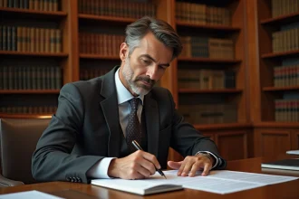 Avocat en costume gris révisant un contrat commercial dans un bureau juridique aux étagères remplies de livres de droit