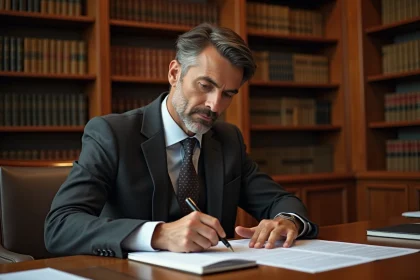 Avocat en costume gris révisant un contrat commercial dans un bureau juridique aux étagères remplies de livres de droit