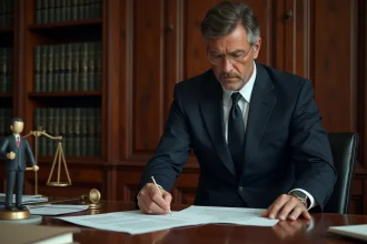 Avocat en costume sombre examinant des documents juridiques dans un cabinet, illustrant l'étendue de la responsabilité légale