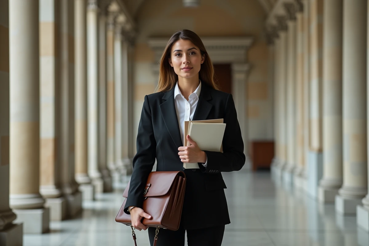 Avocate tenant des documents juridiques dans un couloir de palais de justice aux colonnes en marbre classiques