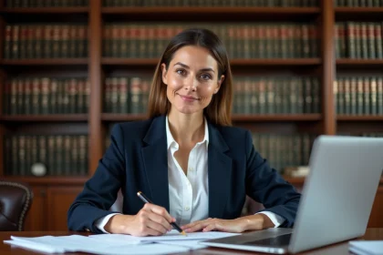Avocate en droit du travail à son bureau examinant des documents juridiques dans un cabinet professionnel