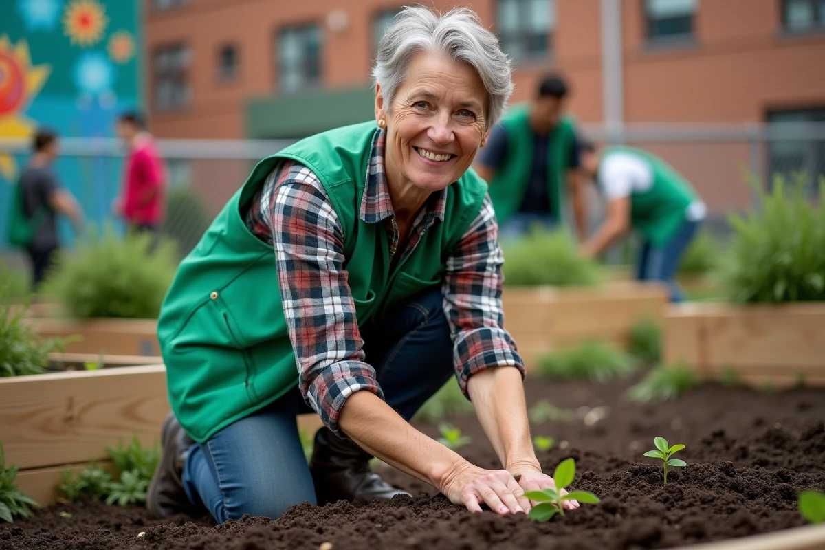 Femme bénévole plantant des semis dans un jardin communautaire urbain, illustrant l'engagement social et environnemental d'une organisation responsable