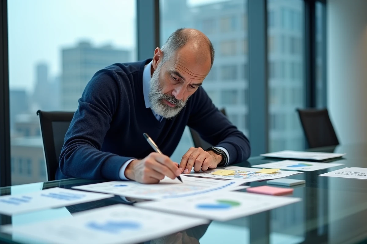 Homme en réunion calculant un coût pour mille avec des graphiques et des notes dans une salle de conférence