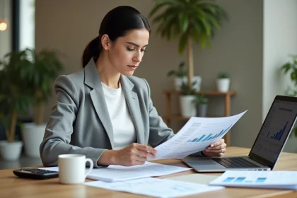Femme analysant des documents de calcul de coût pour mille unités dans un bureau moderne