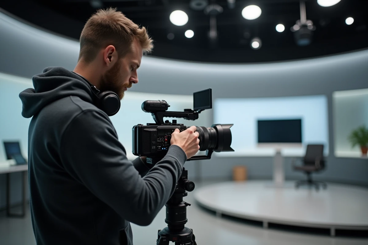 Caméraman professionnel opérant une caméra de diffusion lors d'un tournage publicitaire en studio télévision