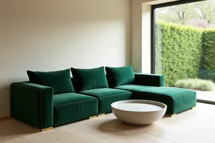 Canapé modulable SOFFRAN Tapizados en velours vert forêt dans un salon scandinave lumineux aux planchers en chêne blanc