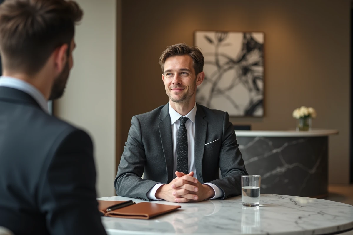 Jeune candidat professionnel en entretien d'embauche dans un espace corporate élégant
