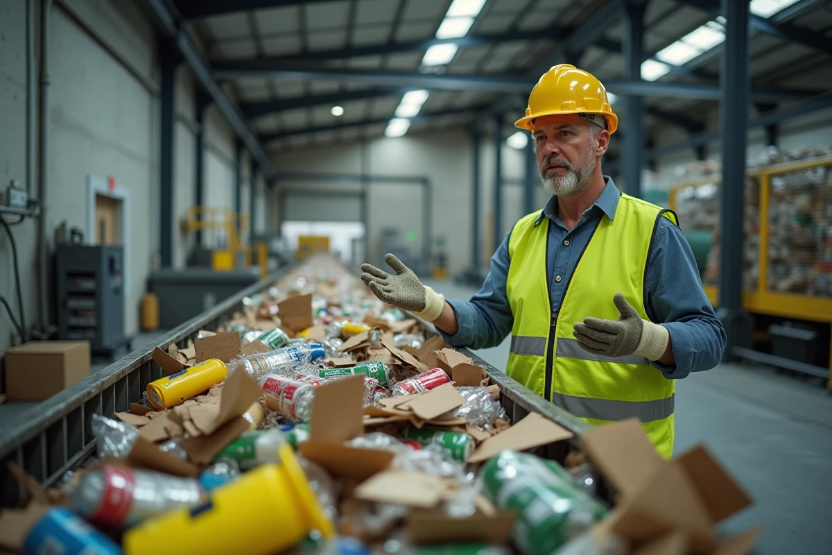 Agent de centre de tri expliquant la classification des emballages sur un tapis roulant industriel de recyclage