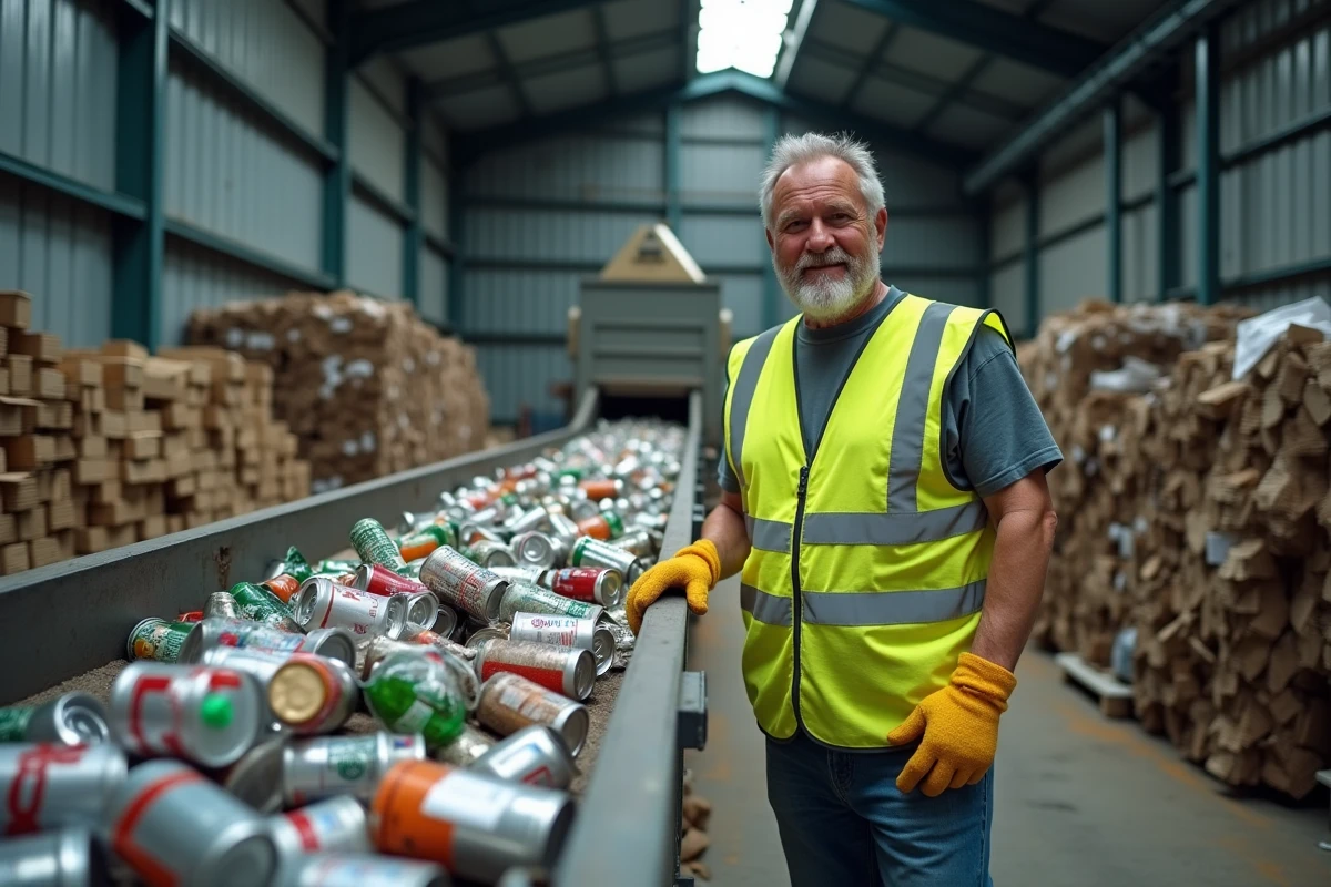 Ouvrier en gilet jaune triant des déchets recyclables sur un tapis roulant dans un centre de valorisation industriel
