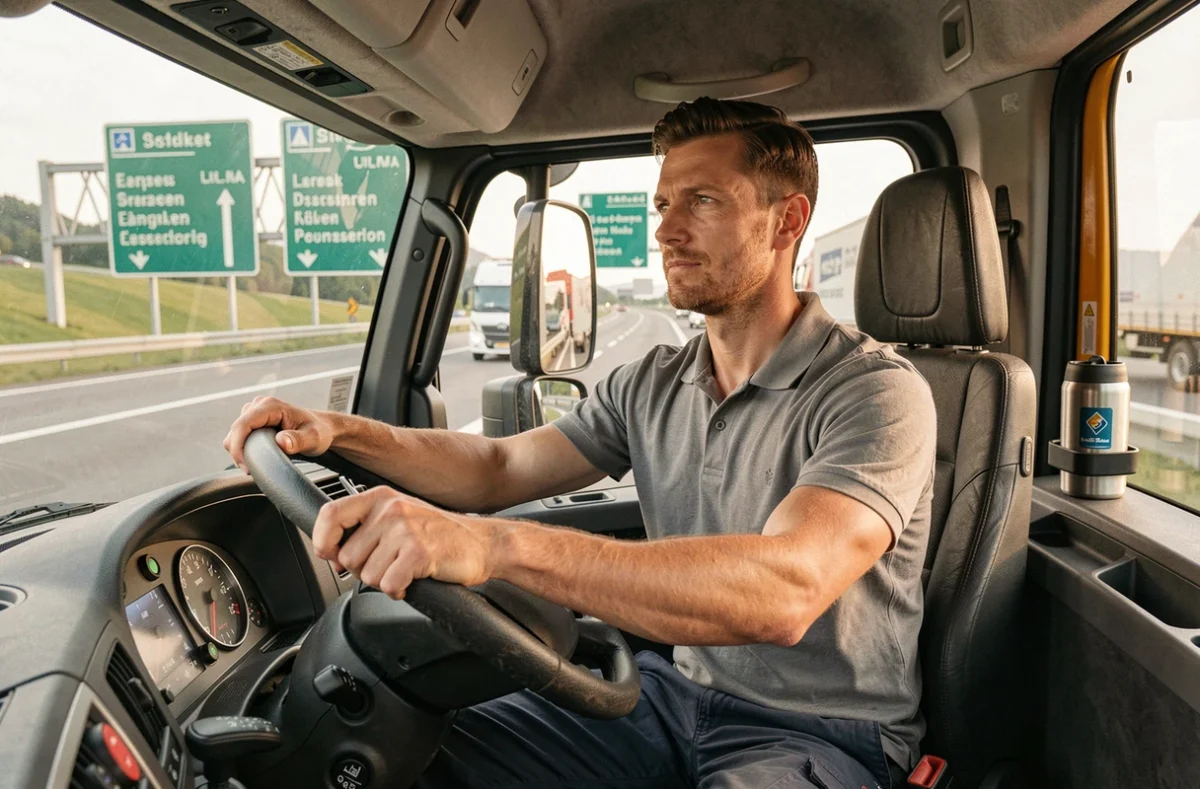Chauffeur de camion poids lourd au volant dans la cabine d'un poids lourd sur une route suisse, vue intérieure réaliste