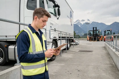 Jeune chauffeur poids lourd sans expérience en tenue de travail devant un camion semi-remorque blanc dans un dépôt de fret suisse