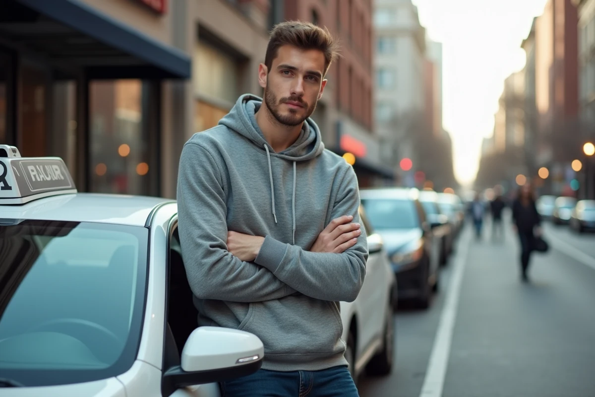 Chauffeur VTC debout appuyé contre sa voiture en ville consultant ses gains entre deux courses