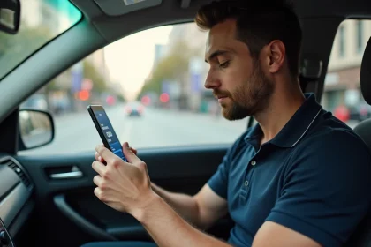 Chauffeur VTC masculin consultant ses revenus sur une application de covoiturage dans son véhicule