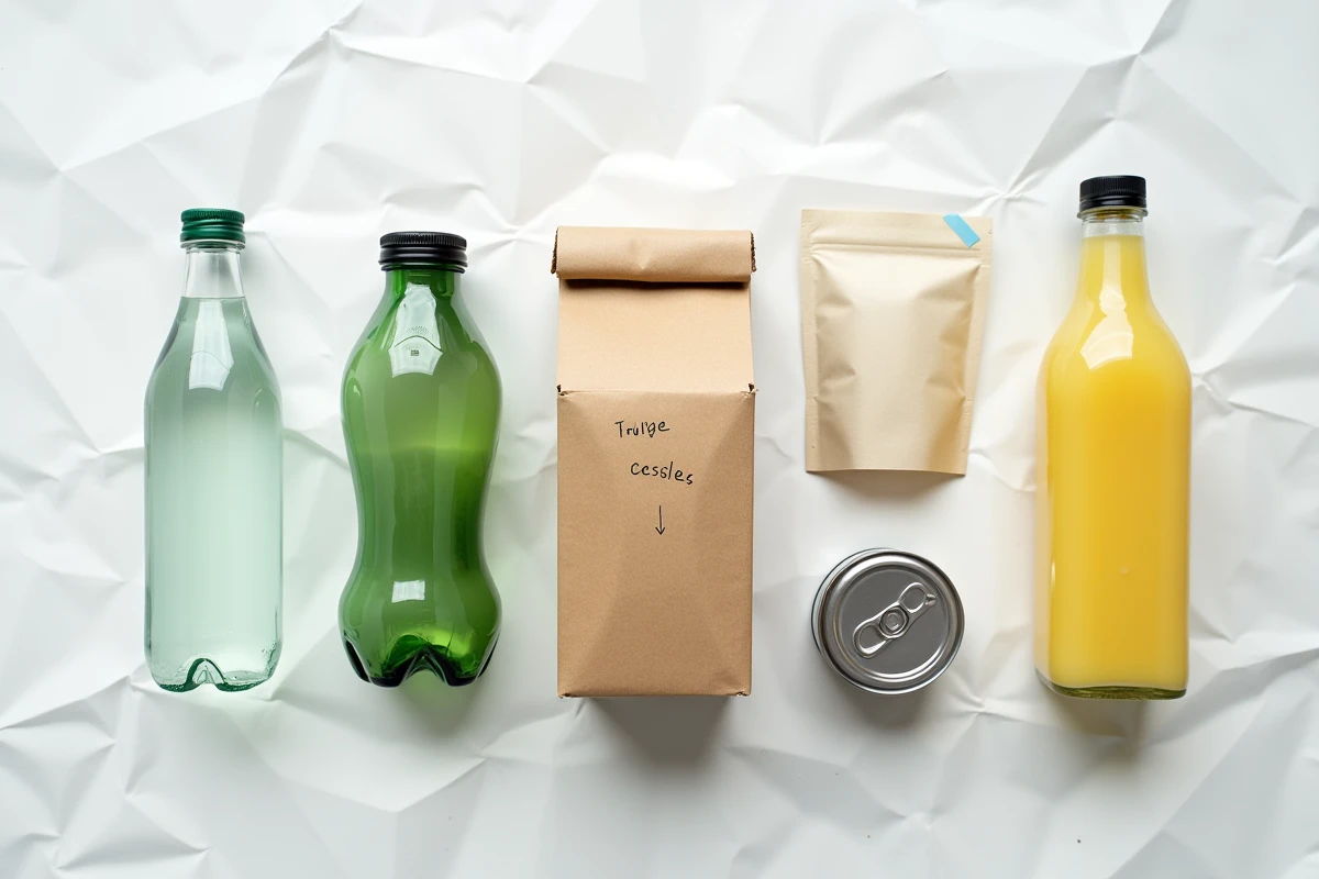 Vue de dessus de différents types d'emballages classés par matériau — plastique, carton, verre, métal et emballages composites