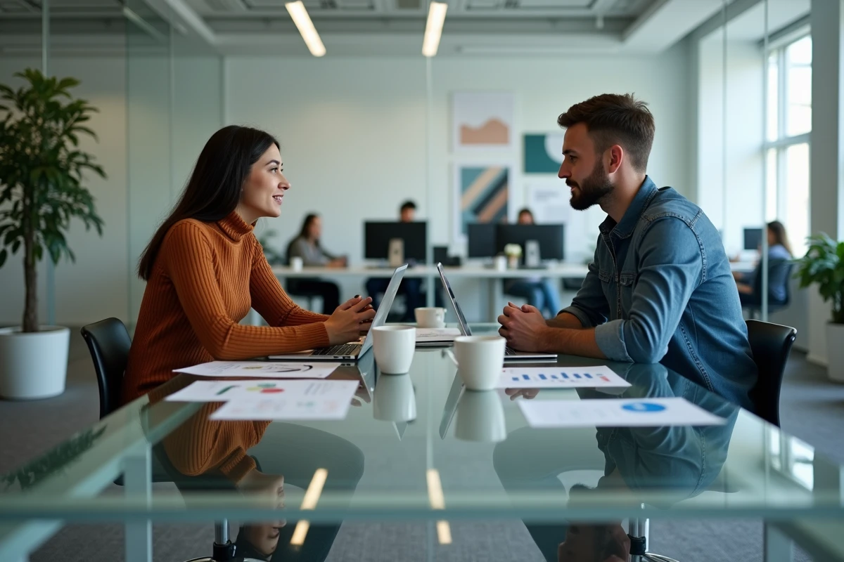 Deux collègues collaborant sur des idées innovantes autour d'une table de réunion dans un bureau contemporain en verre