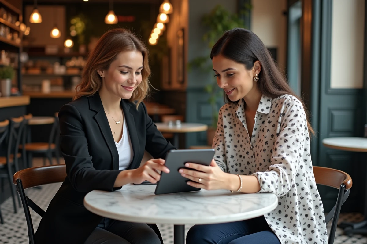 Responsable de marque et influenceuse collaborant autour d'un partenariat commercial dans un café parisien