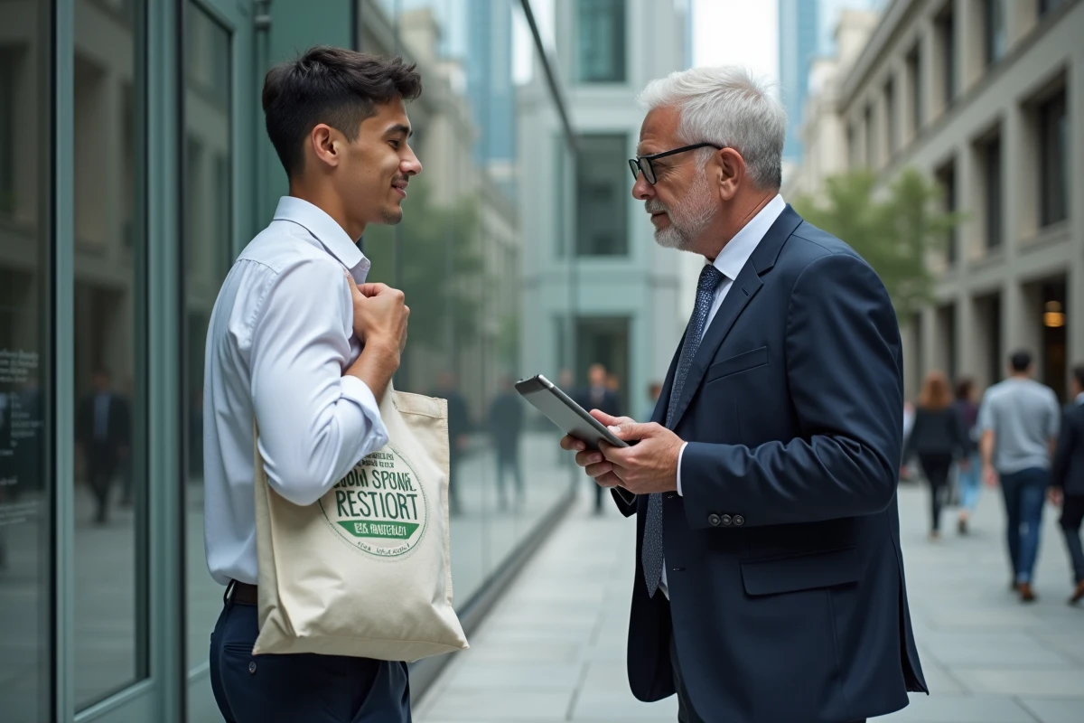 Deux collègues d'entreprise discutant de métriques ESG devant un immeuble de bureaux moderne, symbolisant l'importance de la responsabilité sociale des entreprises