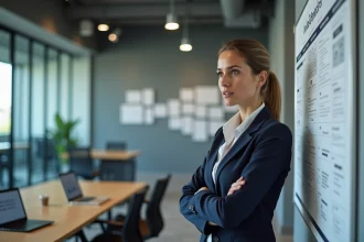 Professionnelle du marketing analysant un tableau comparatif des formes de publicité dans un bureau moderne
