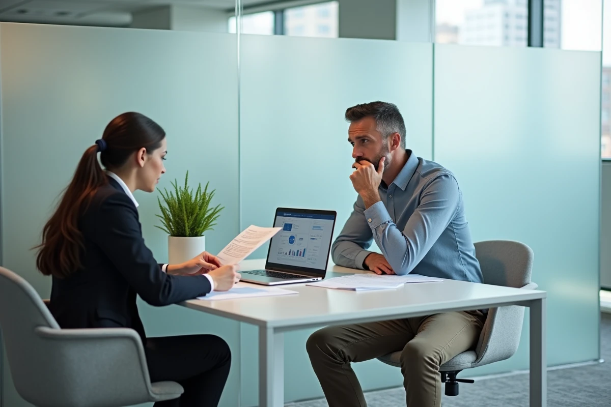 Réunion entre un auto-entrepreneur et un conseiller fiscal dans un bureau professionnel moderne