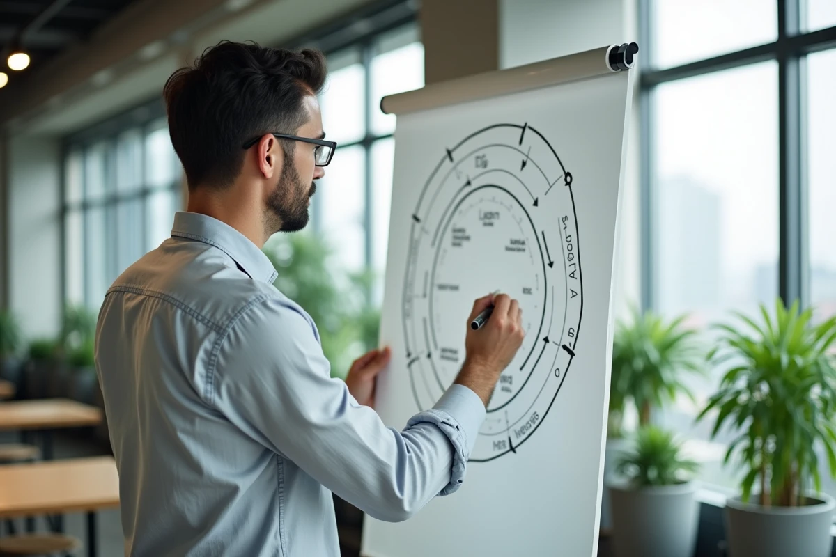 Consultant dessinant un schéma de processus circulaire sur un tableau en verre dans un bureau moderne