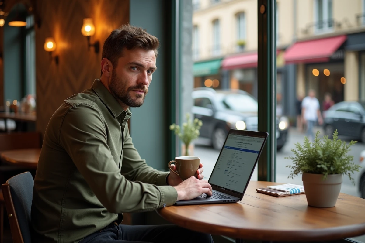 Consultant SEO freelance travaillant sur son ordinateur portable dans un café du centre historique de Rennes avec vue sur les maisons à colombages