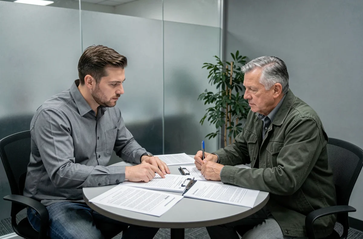 Deux représentants d'une association en réunion de consultation juridique pour éviter les erreurs dans le dossier de demande de statut d'utilité publique