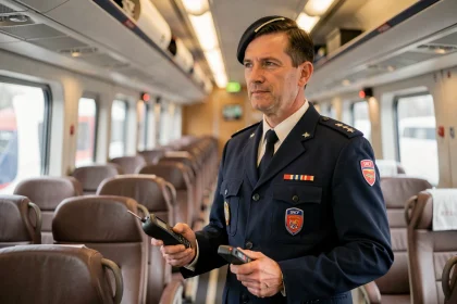 Contrôleur SNCF en uniforme dans un TGV vérifiant les billets des passagers