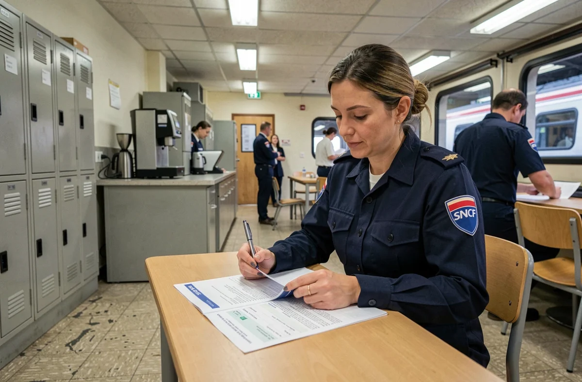 Contrôleuse SNCF consultant sa fiche de paie dans la salle de repos d'une gare