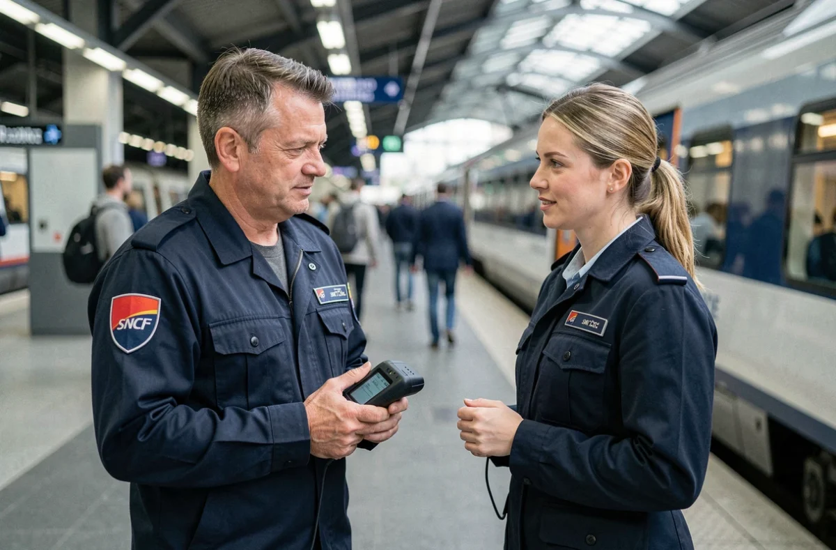Deux contrôleurs SNCF discutant sur le quai d'une gare à côté d'un train