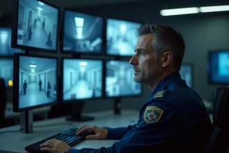 Agent de sécurité professionnel surveillant des écrans de contrôle dans un centre de supervision moderne, illustrant les critères traditionnels de la sécurité