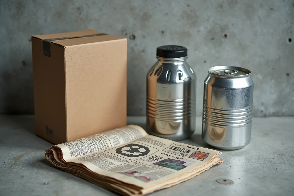 Vue rapprochée de déchets valorisables ménagers triés sur une surface en béton, dont verre, carton, aluminium et plastique