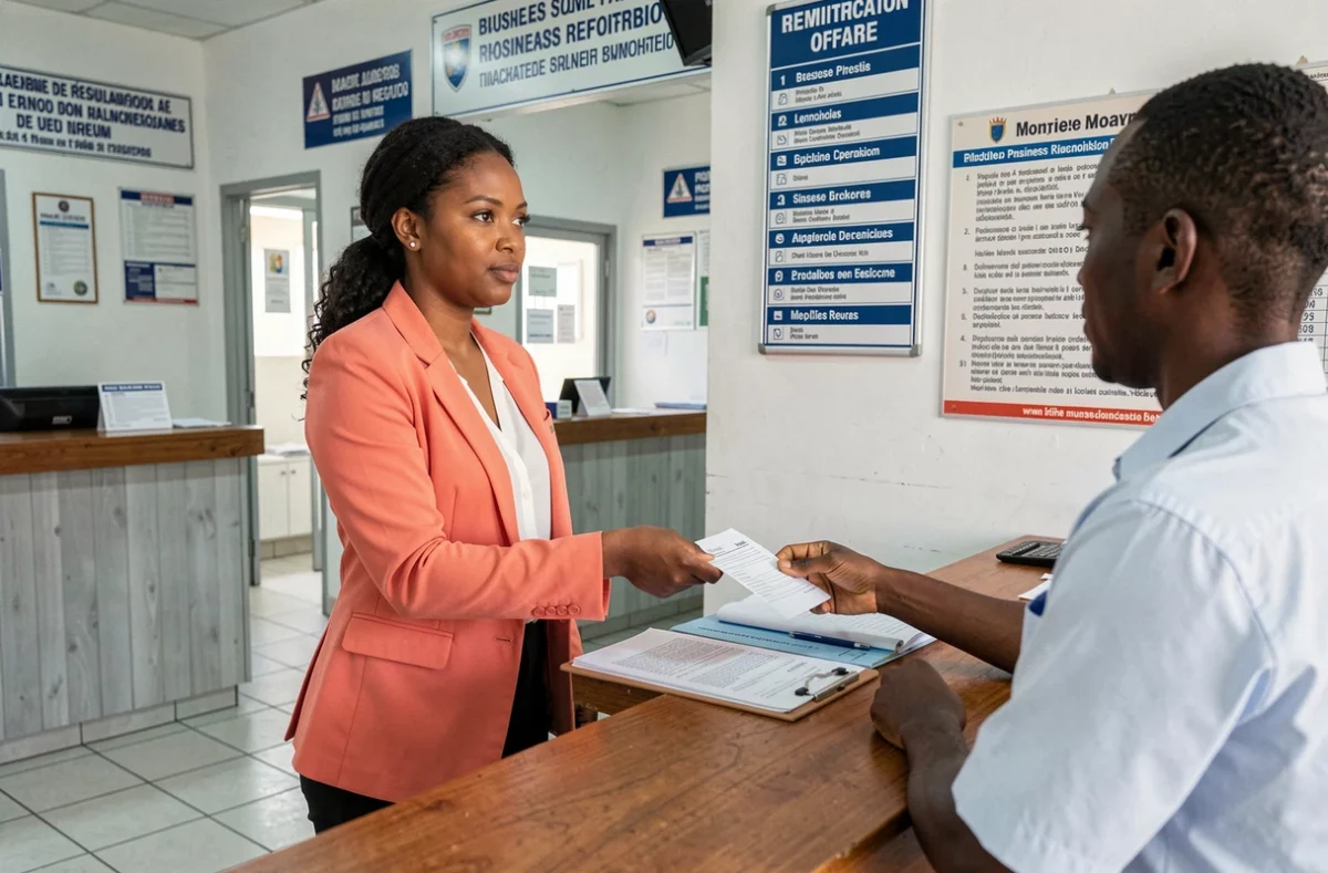 Femme entrepreneure déposant un dossier administratif au guichet d'un organisme CDR à Mayotte pour la création d'entreprise
