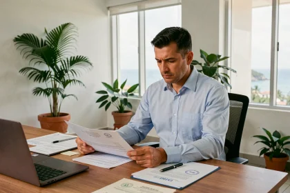 Homme d'affaires mahorais consultant des documents administratifs au bureau pour les démarches CDR Mayotte Business en 2026