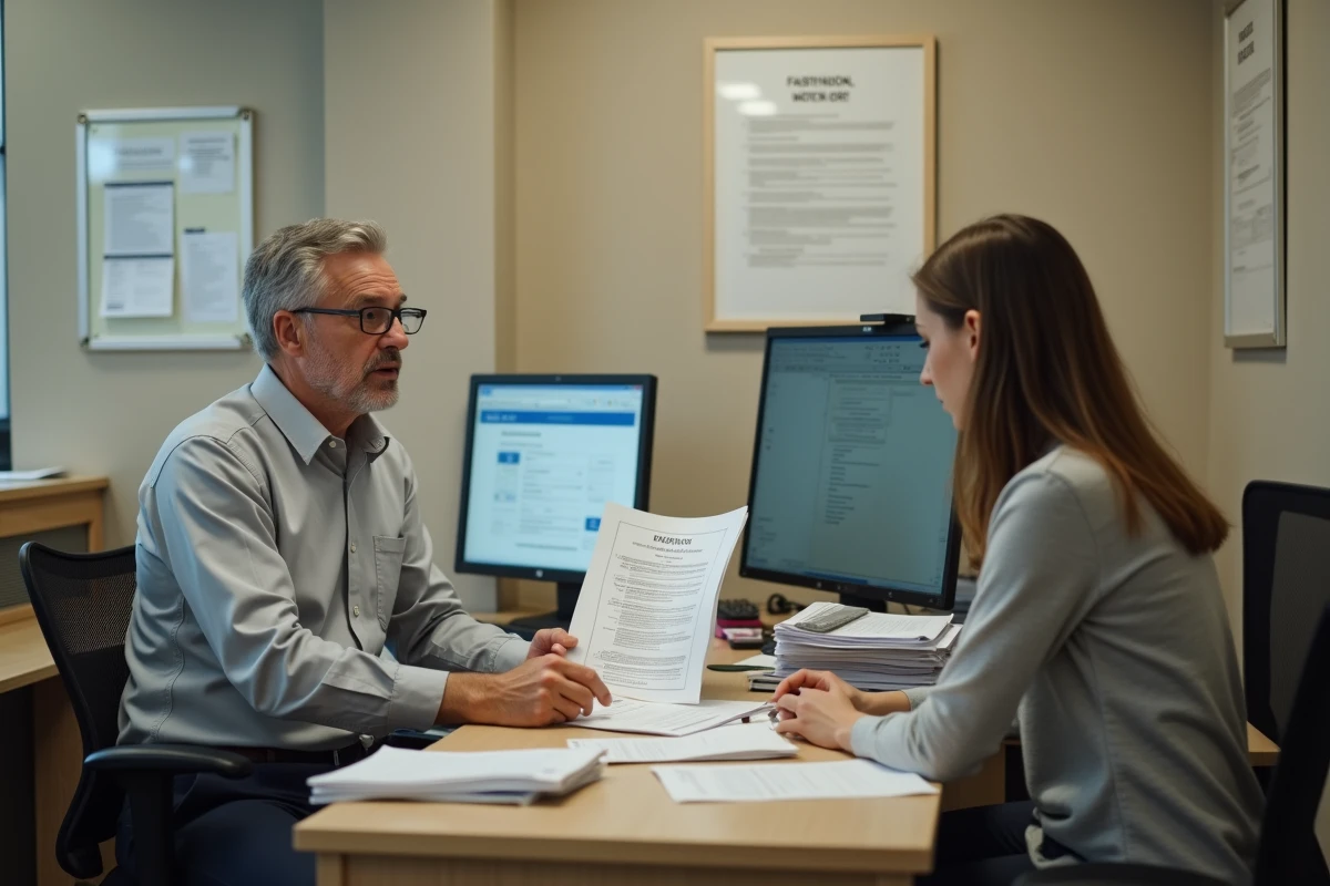Conseiller de l'emploi expliquant les démarches administratives pour un contrat CAE à une jeune demandeure d'emploi dans un centre d'emploi public