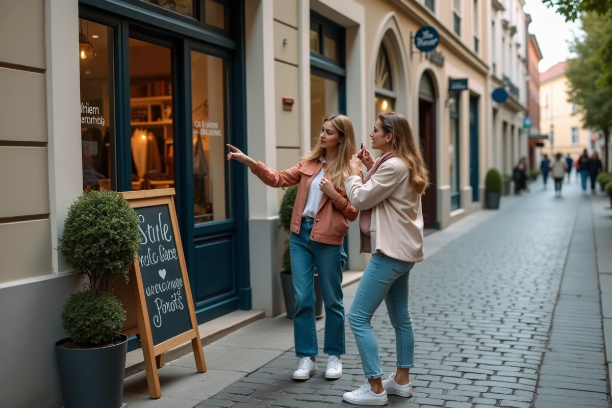 Deux clientes devant la devanture d'une boutique indépendante avec panneau promotionnel pour attirer la clientèle