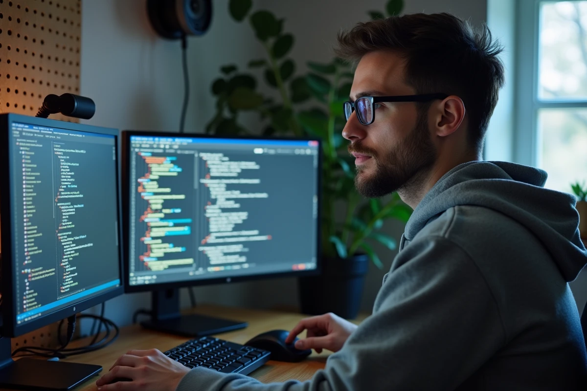Développeur travaillant sur une interface de gestion de base de données avec tables SQL, formulaires et requêtes visibles sur deux écrans