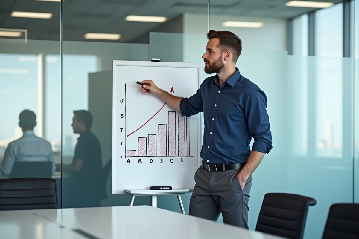 Manager expliquant un diagramme de Pareto sur un tableau blanc dans une salle de réunion d'entreprise