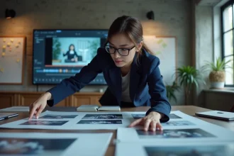 Directrice créative en agence publicitaire analysant un storyboard pour une publicité télévisée