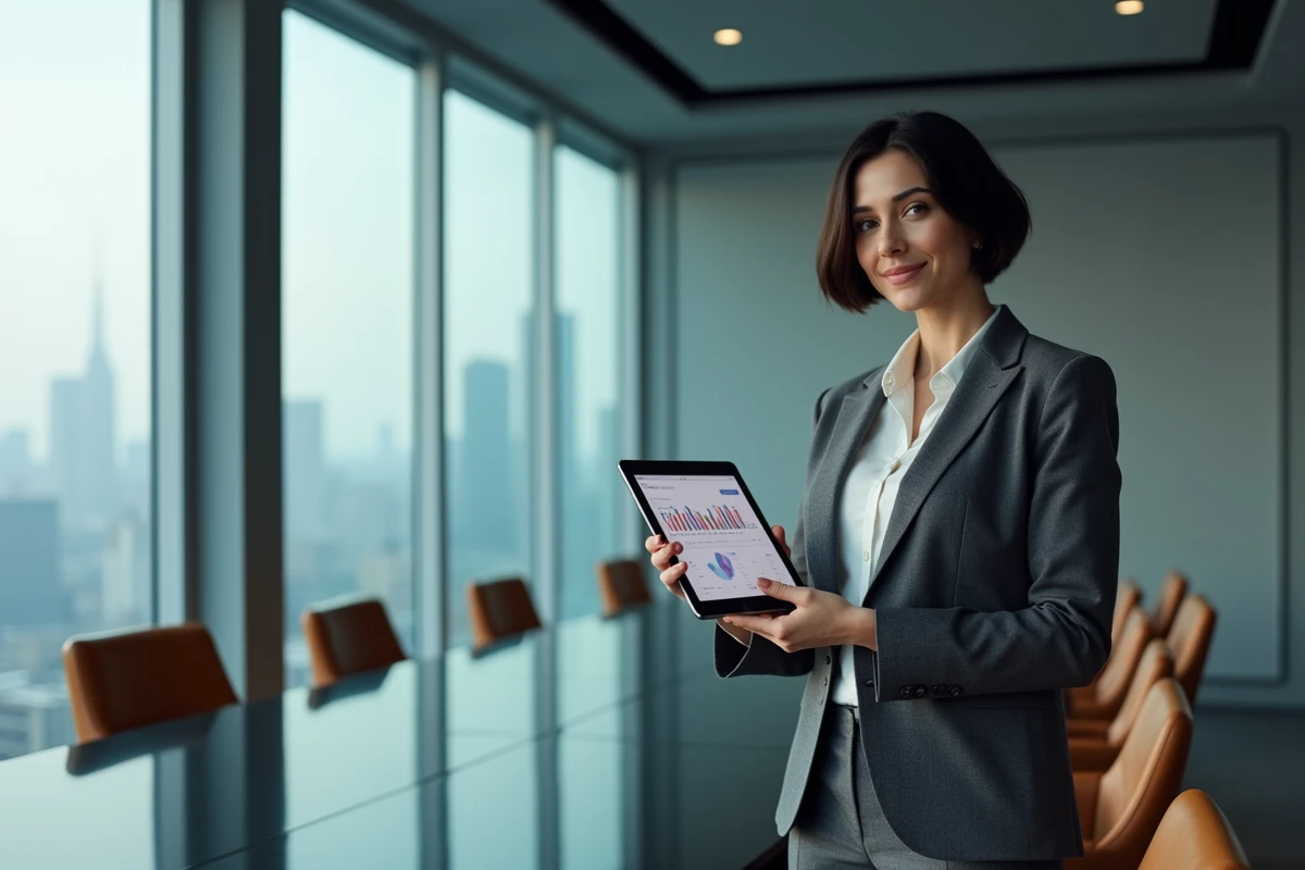 Directrice d'entreprise tenant une tablette avec des données salariales dans une salle de réunion