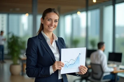 Dirigeante d'une entreprise en croissance émergente tenant un graphique de performance dans un bureau moderne vitré